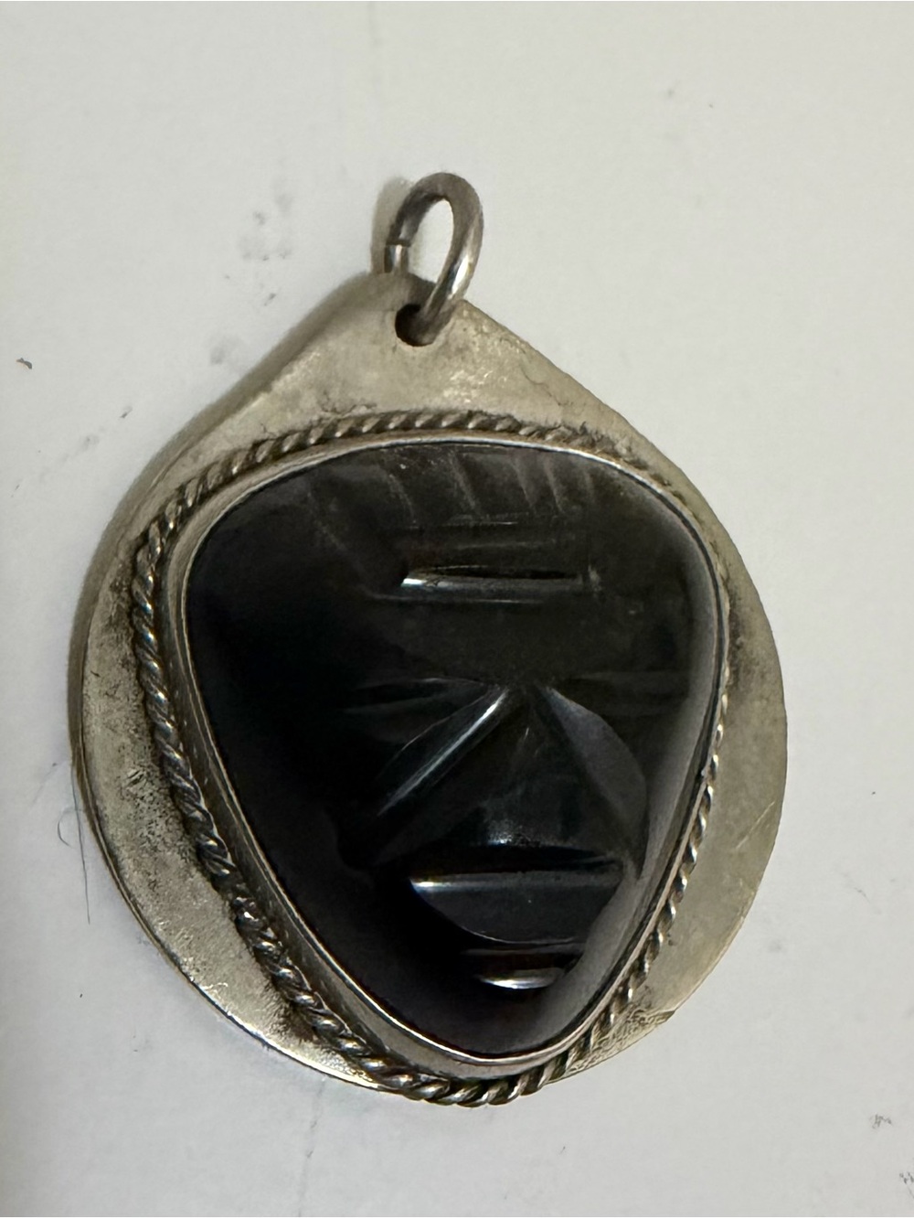Vintage Sterling Silver Obsidian Hecho En Mexico Warrior Mask Face Pendant 18 Gr